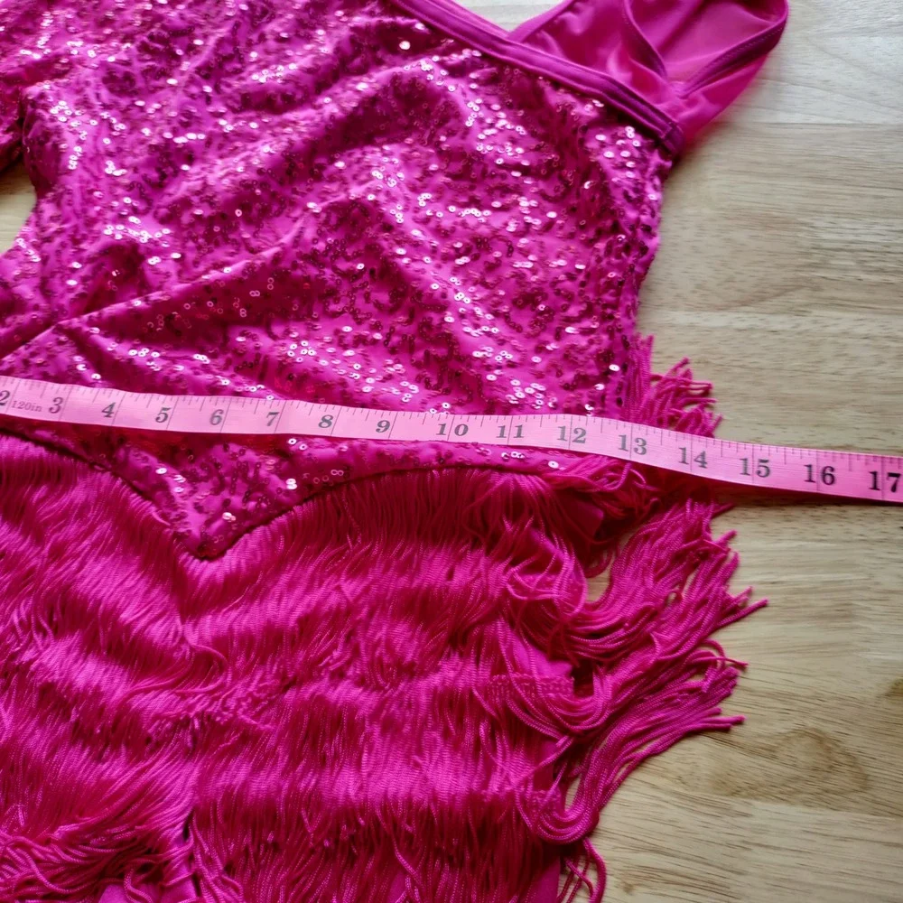 Weissman Fuchsia Sequin Fringe One Shoulder Dance Costume Romper LC Jazz Tap